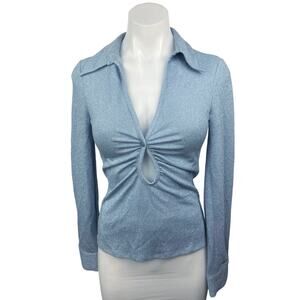 Zara Blue Metallic Ruched Keyhole V-neck Collar Long Sleeve Blouse Top Size XS